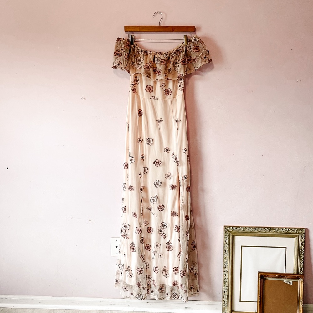 • blush embroidered floral off the shoulder gown •